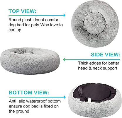 SAVFOX 20 inches Calming Donut Dog Bed - 3X Durable Plush Faux Fur, Machine Washable & Non-Slip, Fits up to 15 lbs, Light Grey - color: Light Grey, size: X-Small | 20"x20"