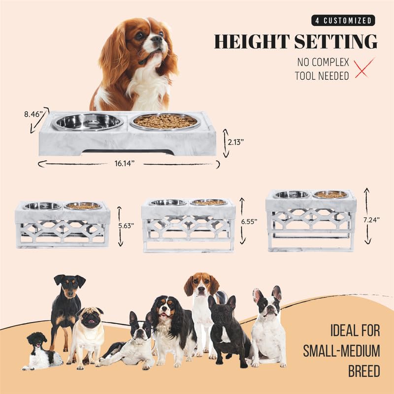 AVERYDAY Elevated Dog Bowls, 4 Height Adjustable Stand for Small and Medium Dogs, Raised Dog Feeder Holder with 2 Stainless Steel Food and Water Bowls, Anti-Slip Base Tall Feeding Station - color: Marble grey stand + 2 food bowls, size: Small