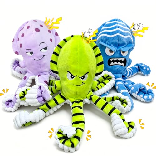Fuufome Octopus Dog Chew Toys, 3 Pack No Stuffing Squeaky Interactive Crinkle Plush Toy for Puppy Small Medium Large Dogs, Toss & Fetch, Keep Dogs Busy