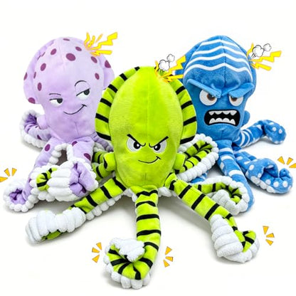 Fuufome Octopus Dog Chew Toys, 3 Pack No Stuffing Squeaky Interactive Crinkle Plush Toy for Puppy Small Medium Large Dogs, Toss & Fetch, Keep Dogs Busy