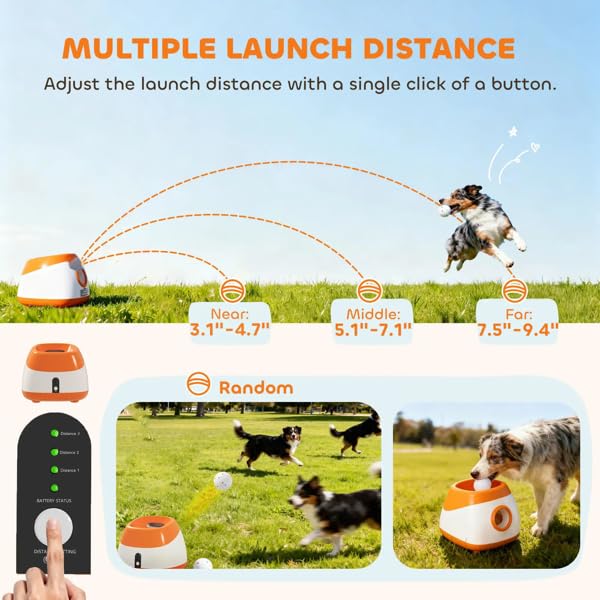 Automatic Dog Ball Launcher for Medium to Large Dogs, 3 Distance Settings & Random Mode, 5200mAh Battery, 98ft Remote Control, Includes 6 ETPU Balls, Orange White