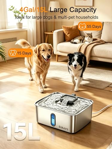 SIBAYS 4Gal/15L Dog Water Fountain for Large Dogs, Stainless Steel Large Pet Water Fountain, Ultra Quiet Automatic Dog Water Bowl Dispenser with Water Level Window and LED Light(FS78, Silver-Grey) - color: Silver-Grey