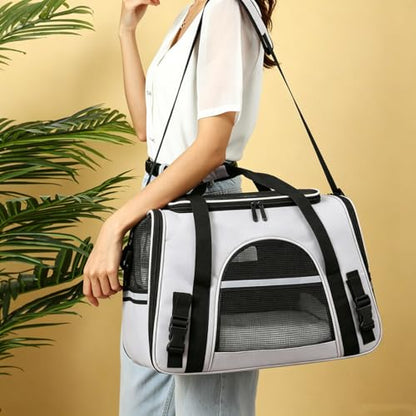 Cat Carrier Bag, Airline Approved Soft Carrier for Cats & Small Dogs | Airline approved pet carrier for pets under 15lb, breathable mesh with privacy cover, lightweight, foldable & washable - color: Black With Gray