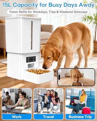 15L/63 Cups Automatic Dog Feeder for Large Breeds: Feeds for 18–25 Days - Anti-Clog Design for 2–23mm Kibble - 5G WiFi Auto Dog Food Dispenser with HD Camera and Timer for Busy Pet Parents