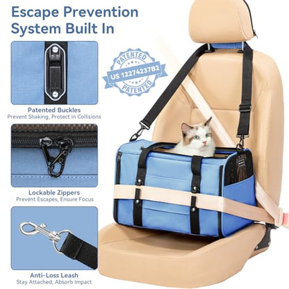 PETSFIT Soft-Sided Cat Carrier with Patented Safety Buckles, Lockable Zippers & Safety Tether,Escape-Resistant Travel Pet Carrier for Car Rides & Vet Visits, Airline Approved Under-Seat, Up to 12 lbs - color: Blue, size: 18.0"L x 11.0"W x 11.0"H