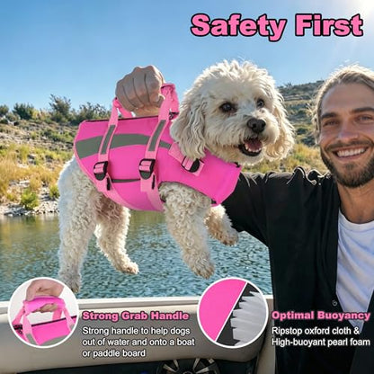 Dogcheer Harness-Style Dog Flotation Vest with Rescue Handle, Reflective Safety Dog Life Jacket, Adjustable Puppy Water Vest for Swimming, Boating, Pool & Beach - Pink, S - color: Pink, size: Small