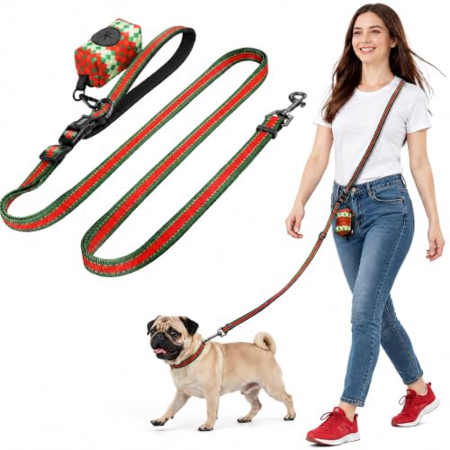Kazazoo Hands-Free Dog Leash with Poop Bag Holder, Adjustable 4-7 Ft Waist for Dog Walking, Running for Small Dogs with Reflective Strips, Nylon Waist Belt，Red&Green - color: Red&green