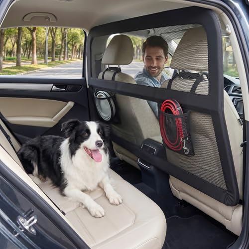Heavy Duty Dog Car Barrier with Sturdy Metal Frame, Wider Coverage Pet Divider Net for Back Seat & Cargo Area, Universal Fit for Cars SUVs Trucks, Claw-Proof Transparent Mesh for Cool Airflow - size: Medium