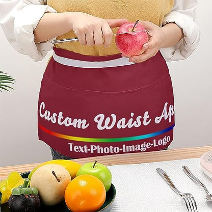 sophiehome Custom Waist Apron with Pockets Add Photo Logo Name Personalized Waiter Server Short Aprons for Kitchen - color: Cardinal