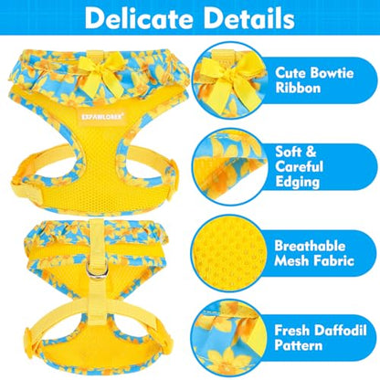 EXPAWLORER 귀여운 강아지 하네스 칼라 목줄 세트 - 블루 걸 강아지 하네스 체크 무늬 스텝인 디자인, 조절 가능한 목 졸림 없는 경량 메시 조끼 고양이 강아지 소형견용, 수선화 S - color: 수선화., size: 스몰