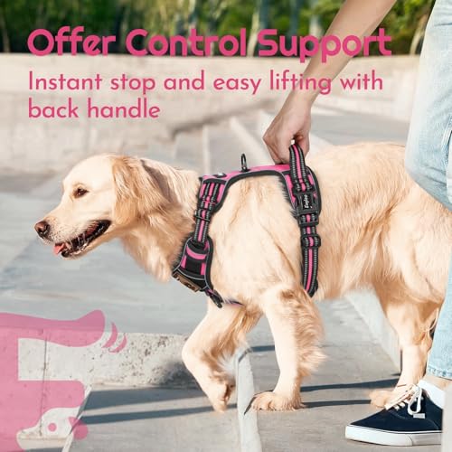 Eagloo Dog Harness Medium Sized, Easy Wearing with 3 Buckles, Adjustable No Pull Pet Harness with 2 Rings for Walking, No Chock Reflective Soft Padded Vest with Control Handle, Pink & Black, M - color: Pink & Black, size: Medium