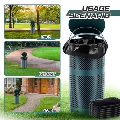Dansydaisy Dog Waste Station Outdoor Round 10 Gallon Dog Poop Trash Can with Lid and 100 Liner Bags, Rustproof UV Powder Coated - Designed to Mount on Wall Post (Green)