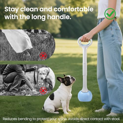 Dog Pooper Scooper Portable with Bag Attachment, One Handed Foldable Design, Includes 120 Waste Bags and Dispenser, 28 Inch Handle for Grass Yard Gravel Cleanup (Blue) - color: 28in + Blue + 120 garbage bags + dispenser