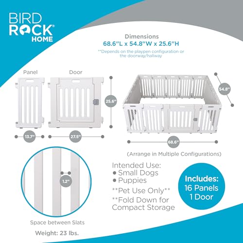 BIRDROCK HOME Dog Playpen w/Door, 16 Panel, 25.6in H | Strong Plastic, Non-Slip Puppy Playpen, Secure Pet Gate | Indoor Outdoor Fence | Configurable Panels | Medium to Large Pets - White - color: White, style: 16 Panels