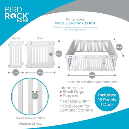 BIRDROCK HOME Dog Playpen w/Door, 16 Panel, 25.6in H | Strong Plastic, Non-Slip Puppy Playpen, Secure Pet Gate | Indoor Outdoor Fence | Configurable Panels | Medium to Large Pets - White - color: White, style: 16 Panels
