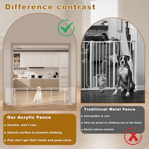 Clear Acrylic Dog Gate, 6 Panel 120" W x 24" H, Transparent Freestanding Pet Playpen Indoor, Foldable Pet Fence Barrier for Doorway with Handle/Support Feet - size: 6 Panel 120" W x 24" H