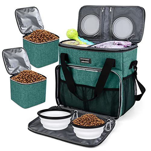 BAGLHER Pet Travel Set Airline-Approved Carrier for Small/Medium Cats & Dogs + Travel Bag with Food Containers & Silicone Bowls, Grey & Green - color: Green, size: Medium
