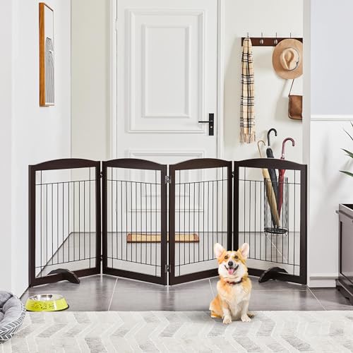 Yaheetech 32" Tall Freestanding Dog Gate, Extra Wide Pet Fence, Foldable Wire & Wooden Puppy Safety Barrier with Support Feet for House Doorway Stairs(Espresso,4 Panels)