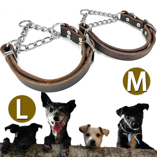 Leather Martingale Dog Collar, Soft Genuine Cowhide Handmade Assembled Stainless Steel Chain Martingale Collar Adjustable for Medium Large Dogs Pets. (L, Neck 20-25"(Martingale)) - size: L, Neck 20-25"(Martingale)