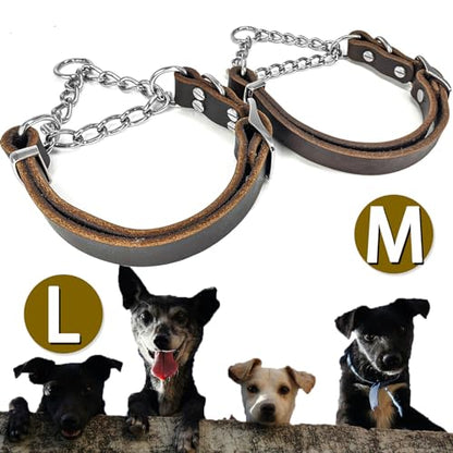 Leather Martingale Dog Collar, Soft Genuine Cowhide Handmade Assembled Stainless Steel Chain Martingale Collar Adjustable for Medium Large Dogs Pets. (L, Neck 20-25"(Martingale)) - size: L, Neck 20-25"(Martingale)