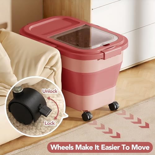 Summark 15 Lbs Dog/Cat Food Storage Container,Collapsible Food Storage Containers with Rolling Wheel Airtight Locking Lid,Pet Food Storage Container with Cup and Scoop,Pink - color: Pink