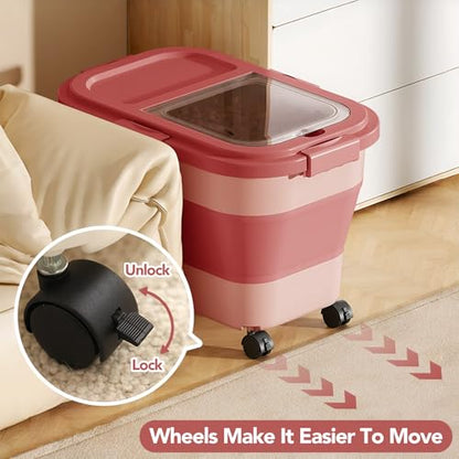 Summark 15 Lbs Dog/Cat Food Storage Container,Collapsible Food Storage Containers with Rolling Wheel Airtight Locking Lid,Pet Food Storage Container with Cup and Scoop,Pink - color: Pink
