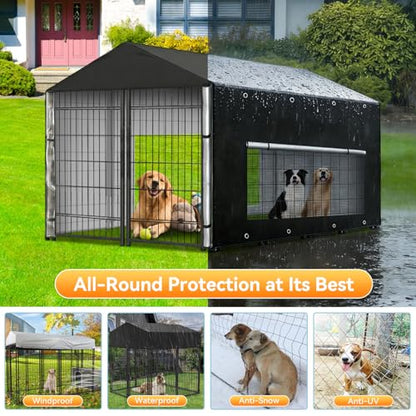 Dog Kennel Cover Large Shade 8x4x6ft,Outdoor Crate Cover Fully Enclosed Outside Waterproof Dog Cage Cover with Anti-UV Mesh Window and Clear Panel for Viewing (Cover only) (8'Dx4'Wx6'H) - size: 8'Dx4'Wx6'H