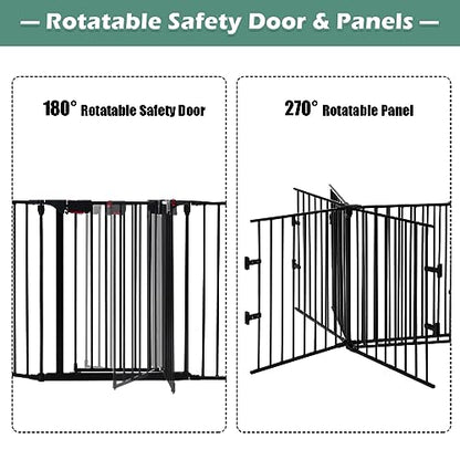 Costzon Baby Safety Gate, 121 Inch Length 5 Panel Adjustable Wide Fireplace Fence, BBQ Metal Fire Screen Gate, Pet Isolation Fence with Walk-Through Door, Freestanding Pets Gate - color: Black, size: 5-Panel