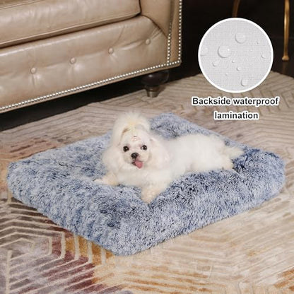 Bedfolks Waterproof Crate Bed, Plush Dog & Cat Bed with Removable Washable Cover, Faux Fur Kennel Pad, 23"x18", Dark Blue - color: Dark Blue, size: Small(23x18'')