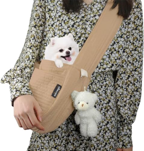 NATUYA Small Dog Carrier Sling Dog Sling Carrier for Small Dogs Puppies Cats, Big Pouch Safety Leash Pet Sling Carrier for Walking Outdoor Travel (Brown, Canvas) - color: Brown