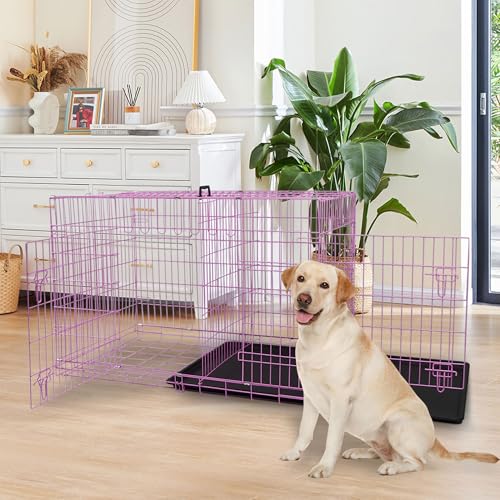 Dog Crate, 24/30/36/42/48 Inch Dog Crates for Small Medium Large Dogs Indoor, Folding Metal Dog Kennel Dog Cage with Double-Door, Divider Panel, Removable Tray, Locks and Handle, (42 Inch, Pink) - color: PINK, size: 42.0"L x 27.0"W x 29.0"H