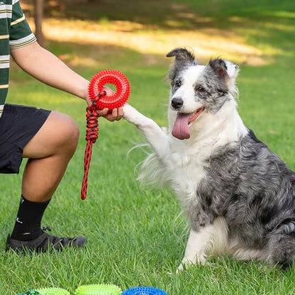 Dog Toys Squeaky - Spiky Ring for Chewers Dog Teething Toy with Rope, Squeaky Puppy Teething Spikey Glitter Ring Chew Toy, Aggressive Chew Indestructible for Puppy Teething Boredom Relief (Red 1) - color: Red 1
