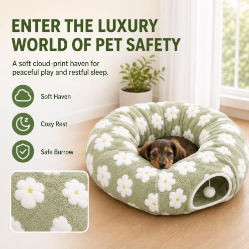 SnugTail Dachshund Tunnel Bed, Flower Design Plush Foldable Dog Cave Bed for Anti-Anxiety, Washable Covered Bed for Miniature Dachshunds, Puppies, Cats, Self-Warming Mat