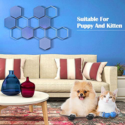 Weewooday 8 Pcs Dog Boots Shoes Socks Waterproof Cat Shoes Rain Snow Dog Booties Anti-Slip Cat Sock Booties with Adjustable Drawstring for Small Puppy(Blue,Black,Size 2: 2.34'' L X 1.68'' W) - size: Size 2: 2.34'' L X 1.68'' W
