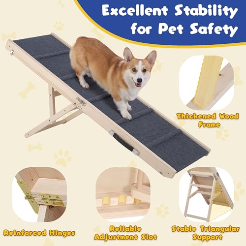 Extra 51.2" Long Dog Ramp for Bed & Couch - Adjustable Height 9.5" to 24" Wooden Non-Slip Pet Ramp, Portable Foldable Doggie Car Ramp for Small Medium Large Older Dogs, 200 LBS Load