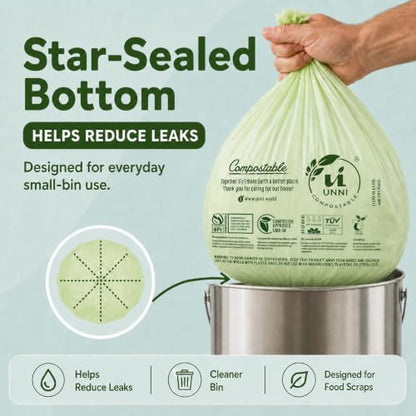 UNNI Compostable Trash Bags, 2.6 Gallon / 9.84 Liter, 100 Count, Extra Thick 0.71 Mil Small Kitchen Food Scrap Bin Liners, Certified by BPI, CMA & OK compost HOME, Meets the ASTM D6400 Standard - size: 100 Count (Pack of 1), style: 2.6 Gallon