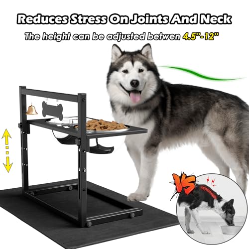 SHAINFUN Elevated Dog Bowls with Mat, Adjustable Height 4.3''-11.8'', Metal Stand, Two 1.7L Stainless Steel Food & Water Bowls for Large, Medium Dogs - size: metal plate - large dogs