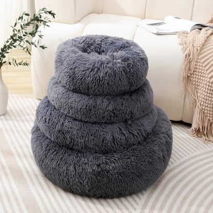 Donut Cat Bed Dog Bed Round Plush Pet Cushion Fluffy Rabbit Cave Pet Beds Warm Cozy Anti Anxiety Beds Dog Pillow for 5KG Large Pet - color: Dark Gray, size: 17inch