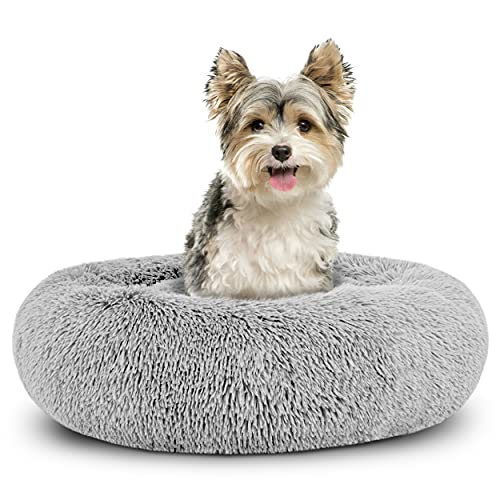 The Dog’s Bed Calming Donut Dog Bed, Plush Faux Fur Round Cuddler Nest – CertiPUR-Certified Foam, One-Piece Design, Raised Bolster – Silver Grey, Small 23"
