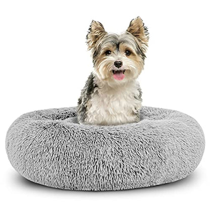 The Dog’s Bed Calming Donut Dog Bed, Plush Faux Fur Round Cuddler Nest – CertiPUR-Certified Foam, One-Piece Design, Raised Bolster – Silver Grey, Small 23"