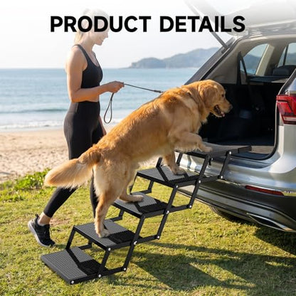 Foldable Dog Steps for Car - Non-Slip Pet Stairs for Large Dogs, Portable Dog Ramps for SUV andTruck, Supports Up to 300 Lbs, 5 Steps