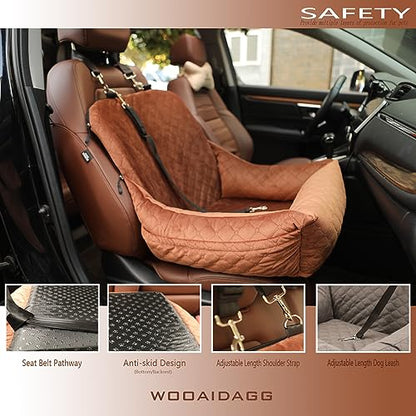 Wooaidagg Dog Car Seat for Small Dogs,Covered Soft Fabric and Fill in Memory Foam,Easy to Assemble and Fully Detachable,2 Clip-On Safety Leashes and Storage Pockets(Brown) - color: Brown