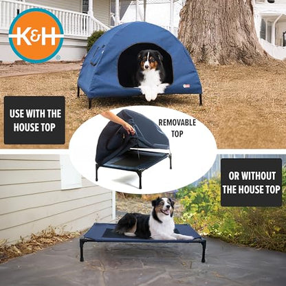 K&H Pet Products Pet Cot House for Medium Dogs, Outdoor Elevated Dog Cot House, Enclosed Canopy, Window Flaps for Air Flow, Washable Cover, Raised Metal Frame, Collapsible - Medium 32 X 25in Blue - size: Medium 25 X 32 X 28 Inches