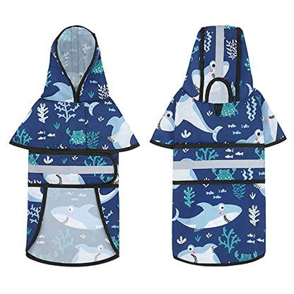 HDE Dog Raincoat Jacket Reflective Adjustable Hooded Pet Poncho Rain Coat with Leash Hole for Small to X-Large Dogs Sharks - S - color: Sharks, size: Small