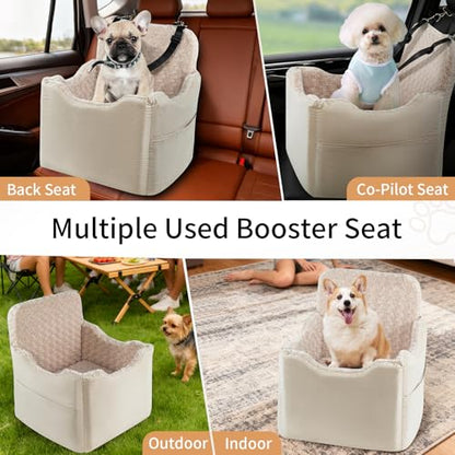 Dog Car Seat for Small Medium Dogs - 6.7inch Elevated Dog Booster Car Seats with Deluxe Rose Plush, Washable Safety Pet Carseat Travel Bed with 2 Safety Belts and Storage Pockets(Beige) - color: Beige