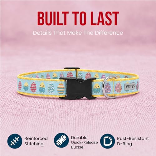THE WORTHY DOG Spring Holiday Easter Eggs Dog Collar – Durable Nylon, Woven Ribbon, Quick-Release Buckle, Nickel D-Ring – Blue, Small - color: Easter Eggs - Blue, size: Small