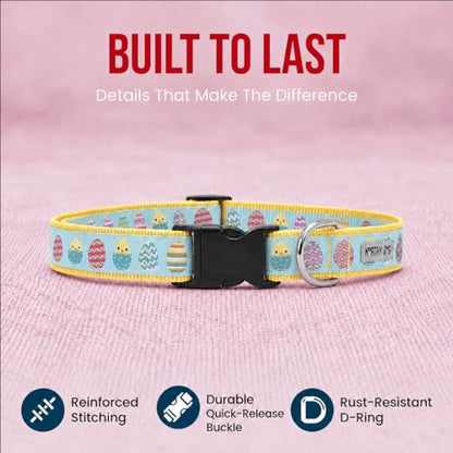 THE WORTHY DOG Spring Holiday Easter Eggs Dog Collar – Durable Nylon, Woven Ribbon, Quick-Release Buckle, Nickel D-Ring – Blue, Small - color: Easter Eggs - Blue, size: Small