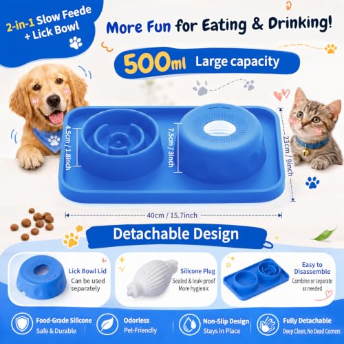 2-in-1 Dog Slow Feeder and Lick Ball Bowl, Interactive Puzzle Anti-Choking Pet Slow Eating Bowl with Treat Licking Rolling Ball, Spill-Proof Silicone Mat Feed Station for Dogs and Cats- Sky Blue