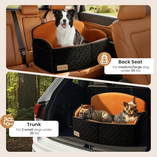Dog Car Seat for Medium/Large Dogs, Memory Foam Dog Booster Seat with Thick Cushion up to 55 lbs or 2 Small Dogs, Travel Pet Car Seat with Detachable Washable Cover, 2 Safety Leashes (Black/Brown) - color: Black/Brown