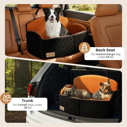 Dog Car Seat for Medium/Large Dogs, Memory Foam Dog Booster Seat with Thick Cushion up to 55 lbs or 2 Small Dogs, Travel Pet Car Seat with Detachable Washable Cover, 2 Safety Leashes (Black/Brown) - color: Black/Brown